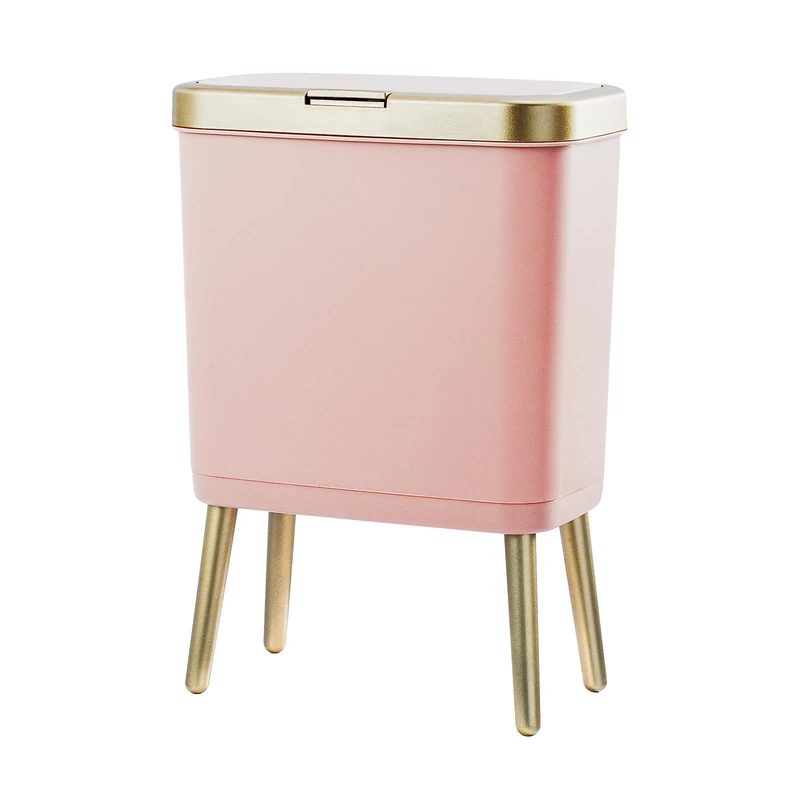 Procade Bathroom Trash Can with Lid, 4 Gallon Pink Garbage Can, Tall Plastic Trash Bin with Push Button, Slim Gold Trash Can Waste Basket for Room, Bedroom,Office,Kitchen