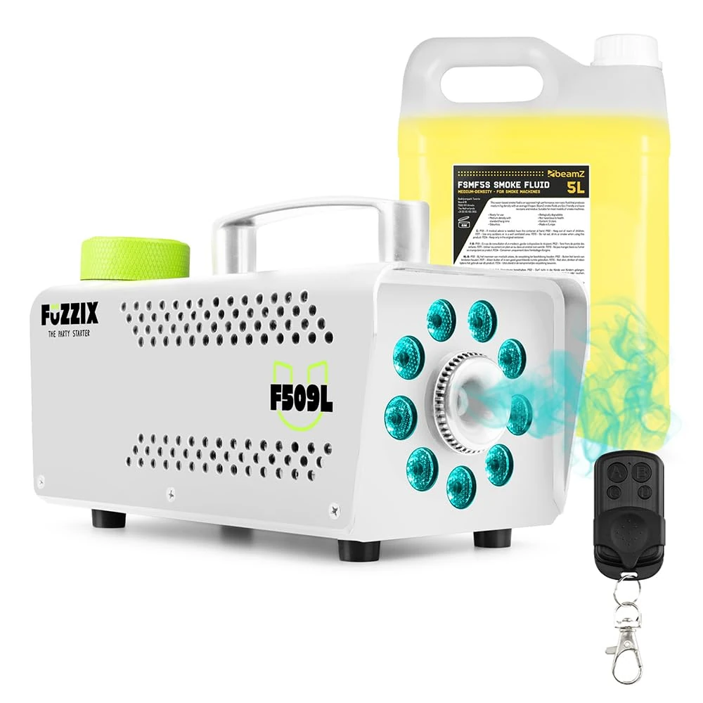 Fuzzix F509LW Fog Machine with Built-in RGB LED Lights, Wireless Remote Control & 5L Smoke Fluid – Disco Fog Machine Bundle for Halloween & Small Venue Party Effects