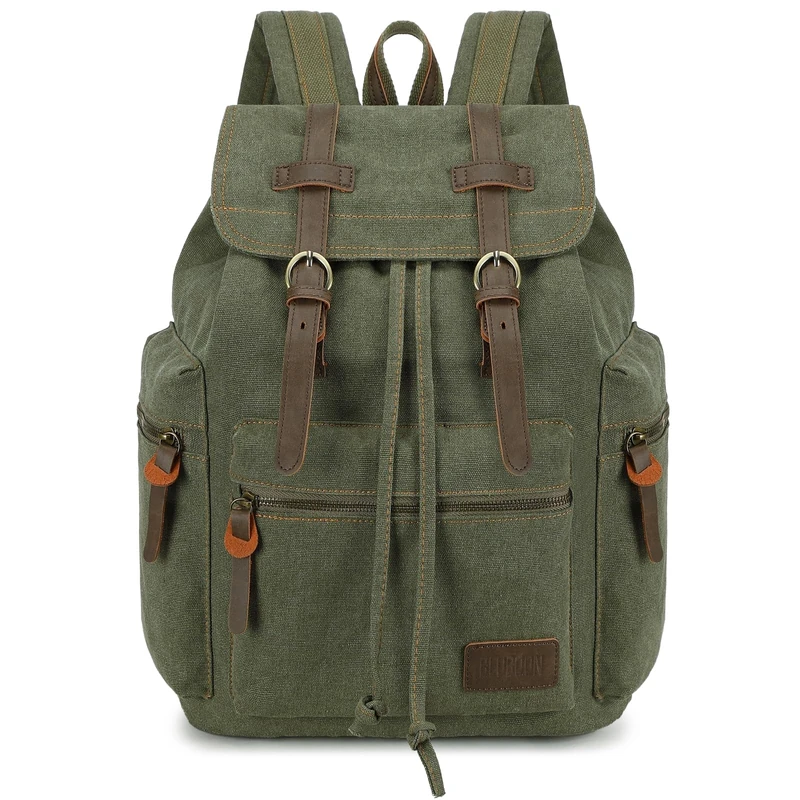 Bluboon Vintage Backpack Leather Trim Casual Bookbag Men Women Laptop Travel Rucksack, Olive-green, L, Nice Vintage Look and Feel