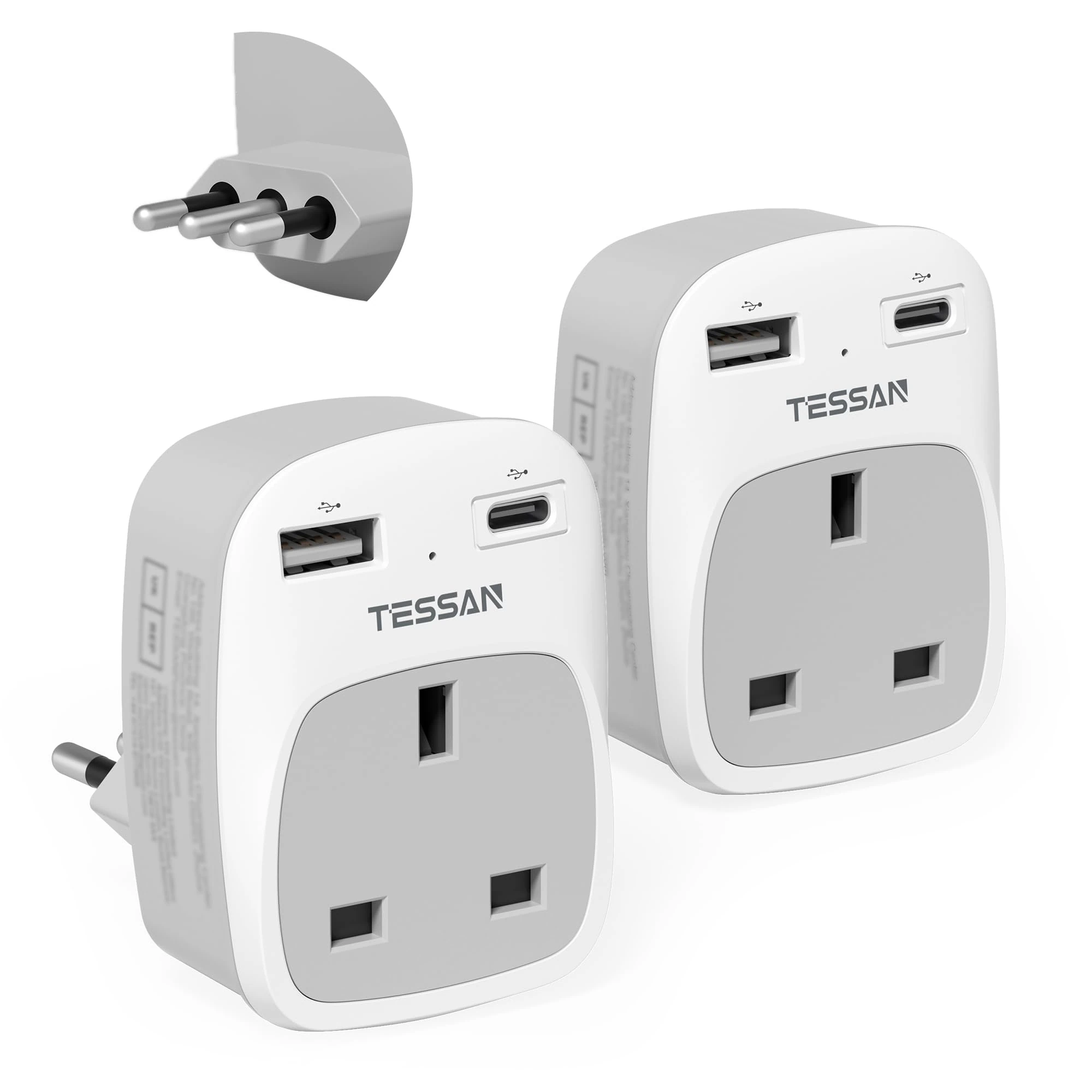 UK to Italy Plug Adapter 2 Pack, TESSAN Grounded Italy Plug Adapter with 2 USB Ports (1 USB C), Italian Travel Adaptor for Chile Ethiopia Libya Syria Tunisia Uruguay (Type L)