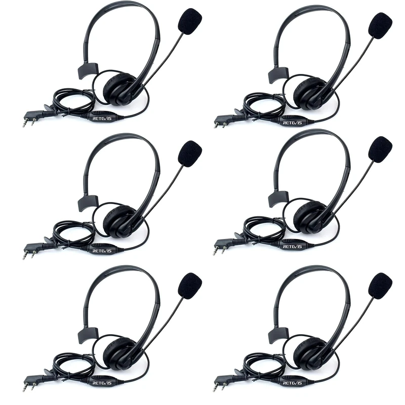 Retevis Walkie Talkie Earpiece with Rotatable Boom Mic Noise Cancelling Overhead Headset Compatible with Walkie Talkie RT24 RT22 RT27 RT5R Baofeng UV-5R BF-888S BF-88E (6 Pcs)