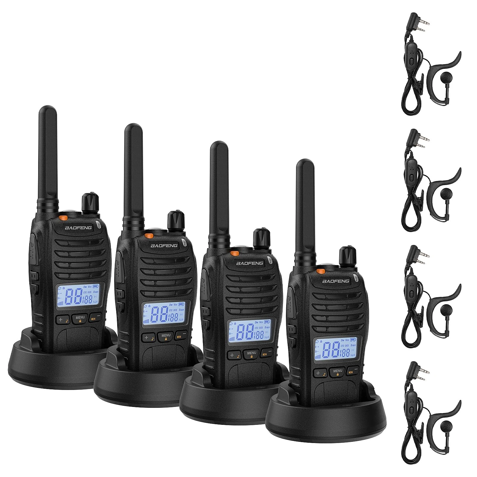 BAOFENG BF-88ST Pro Walkie Talkie, Upgraded Long Range Rechargeable License-Free PMR446 Two Way Radios with LCD Display, VOX Dual Watch, Desktop Charger and Earpieces, 4 Pack