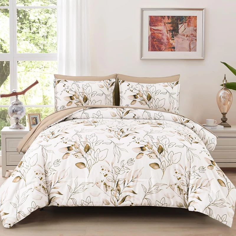 Brown Comforter Set Queen, 7 Pieces Botanical Reversible Bed in a Bag Golden Leaves Bedding Set Soft Microfiber Queen (1 Comforter,2 Pillowcase,2 Pillow Shams,1 Flat Sheet,1 Fitted Sheet)