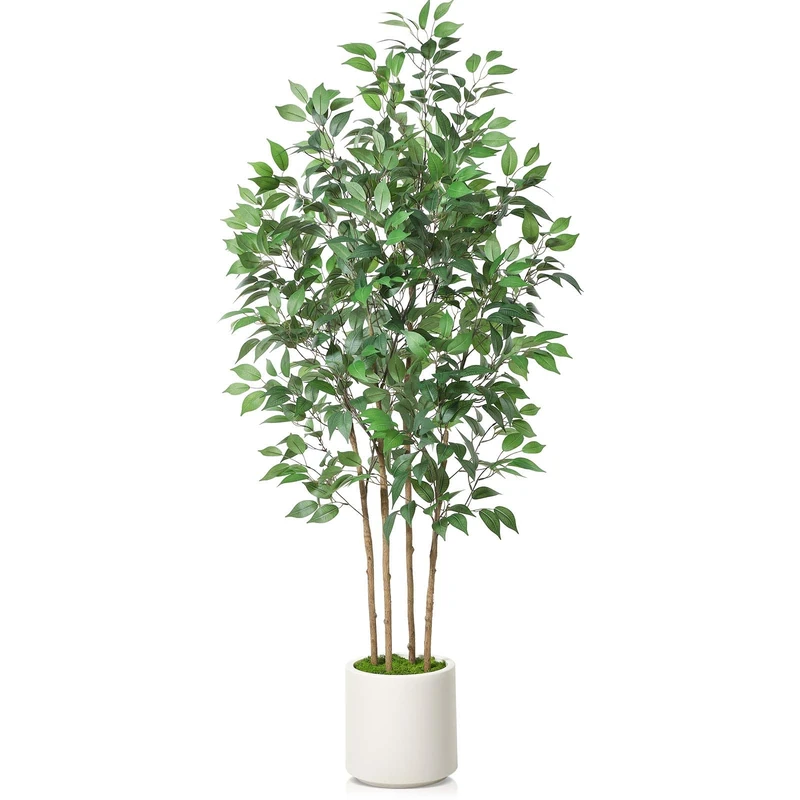 SOGUYI Ficus Artificial Tree 180cm Fake Silk Plant for Home Decor Indoor, Faux Floor Tree in White Imitation Ceramic Planter with Green Fake Moss for Home Office Corner Indoor Decor, Set of 1