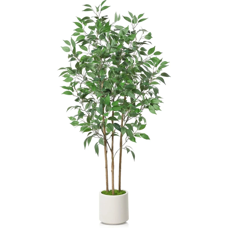 SOGUYI Artificial Ficus Tree 150cm Tall for Home Decor Indoor - Faux Silk Plant in White Imitation Ceramic Planter With Green Moss, Set of 1