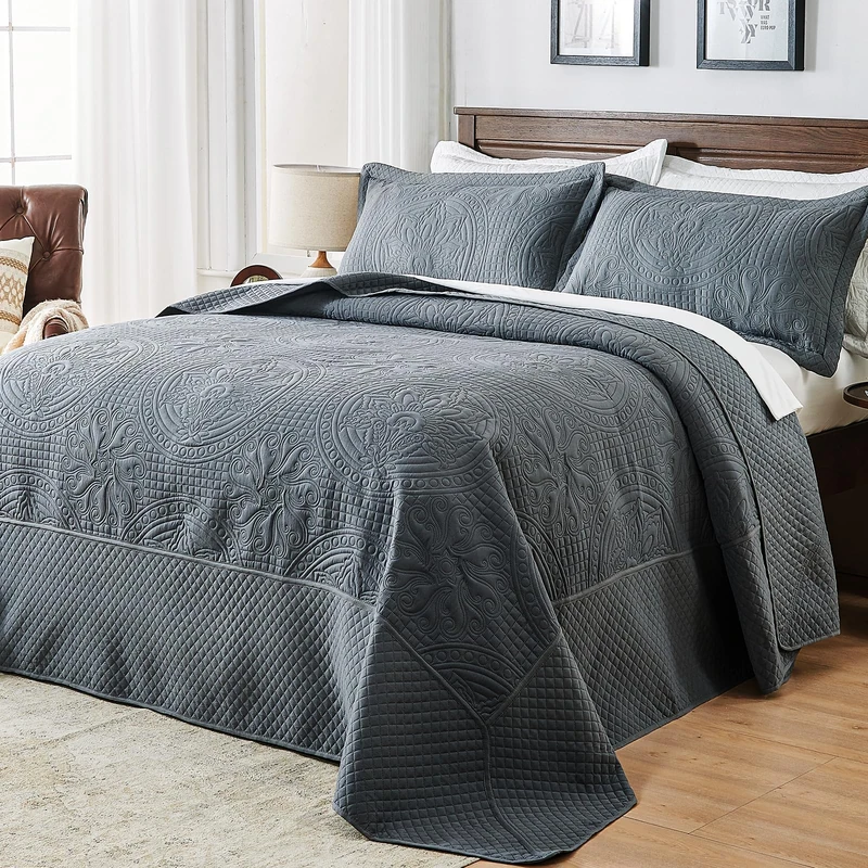 Qucover Oversized King Quilt 120x120, 3 Piece California King Size Bedspread, Soft Microfiber Lightweight Coverlet, Ultrasonic Quilting Vintage Pattern, Dark Grey