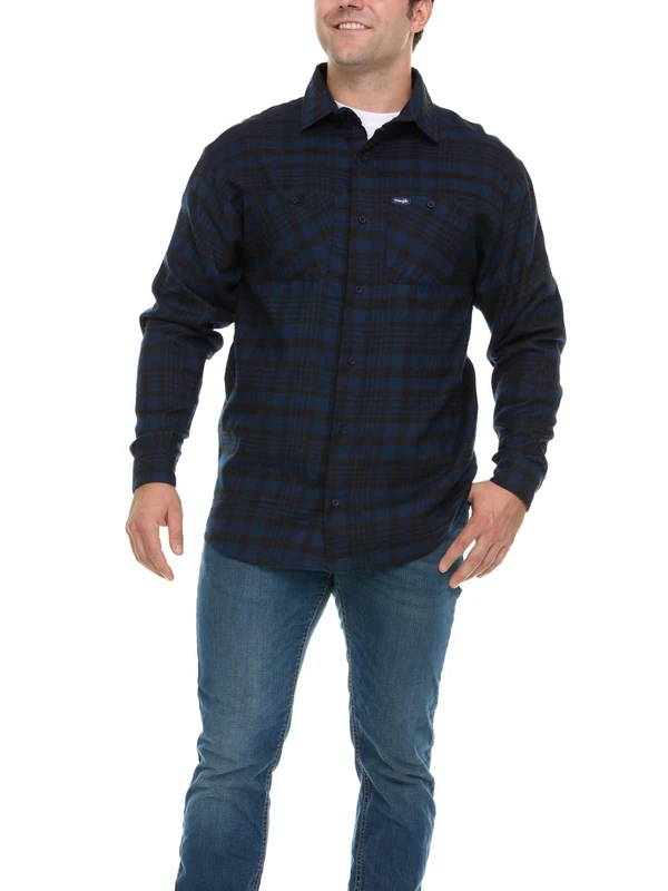 Wrangler Big and Tall Flannel Shirt for Men – Mens Button Down Plaid Shirt, Navy/Black, XXL Plus Tall