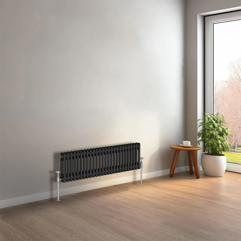 NRG 300 x 1190mm Black Horizontal Traditional Column Cast Iron Style Radiator Central Heating Radiator Perfect for Bathrooms, Kitchen, Living Room Double Panel