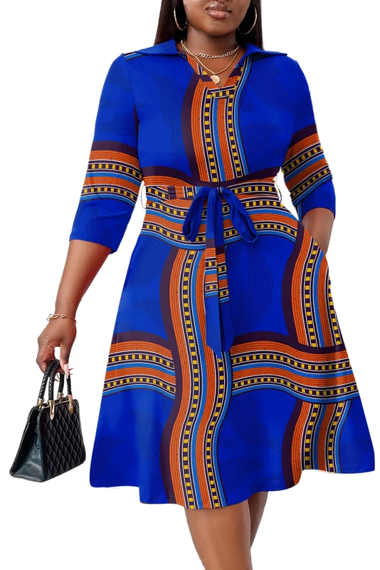 FANDEE Plus Size Midi Dress for Women - Printing Summer Dresses for Wedding Guest Cocktail Party 3/4 Sleeve V Neck（XL-5XL）, Royal Blue Print, 3XL