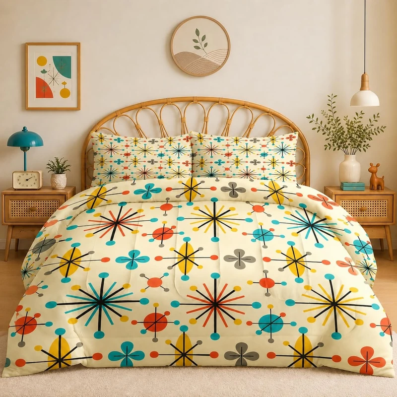 King Size Comforter Set with 2 Pillowcases, Mid Century Retro 50S Atomic Soft Bedding Set for Kids and Adults Bedroom Bed Decor
