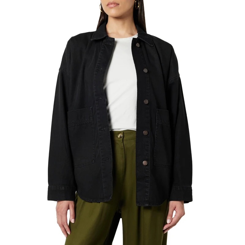 The Drop Pilar Long Denim Shirt Jacket, Washed Black, S - Image 1