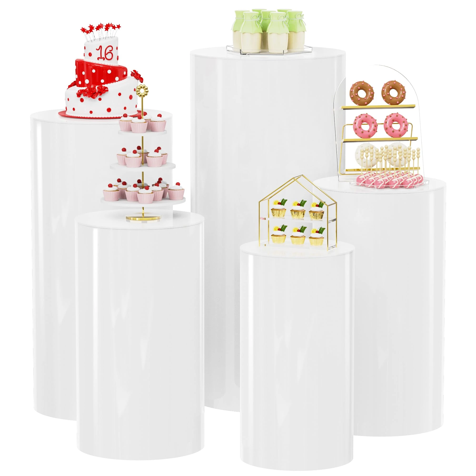 Wokceer 5Pcs Cylinder Pedestal Stands for Parties, White, PVC & Acrylic, Sturdy & Durable, Versatile Application