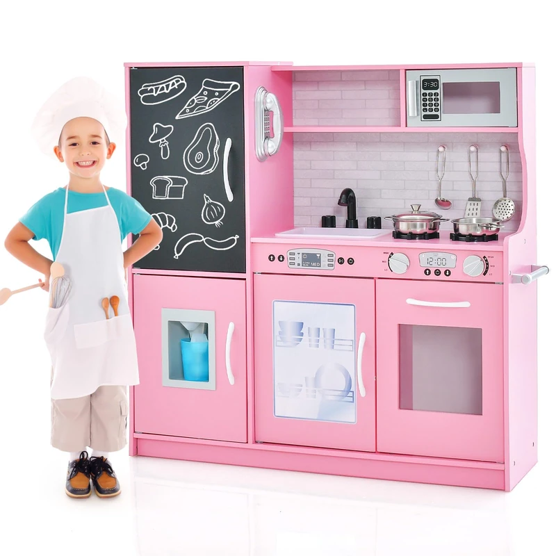 GYMAX Pretend Play Kitchen, Toddler Kitchen Playset (Pink)