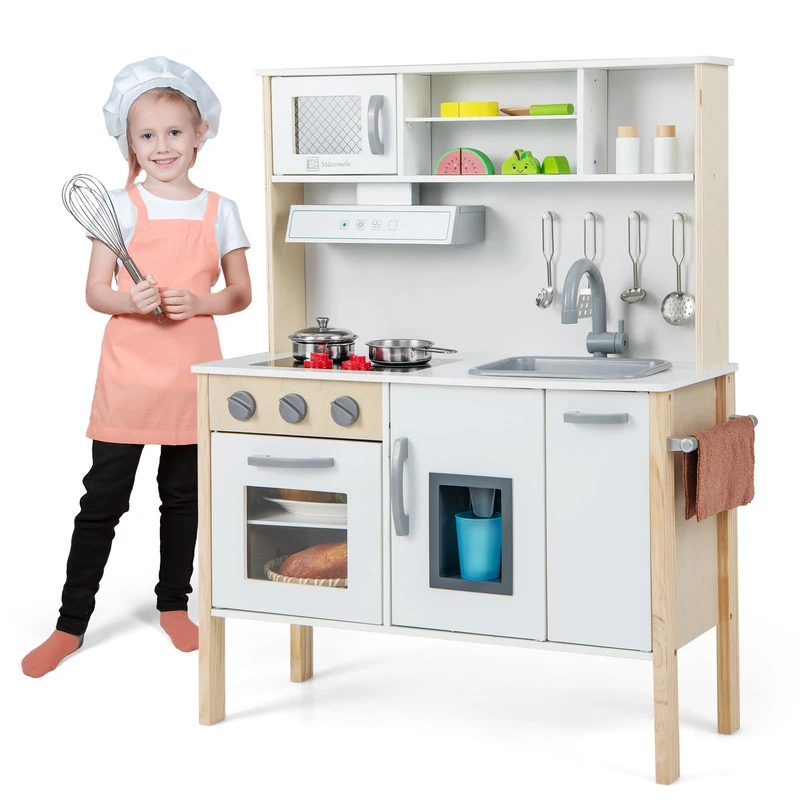 GYMAX Kids Play Kitchen, Children Toy Kitchen with Stoves, Microwave, Range Hood, Wash Machine, Oven, Cookware Utensils & Sounds, Wooden Cooking Role Playset for Girls Boys (White)