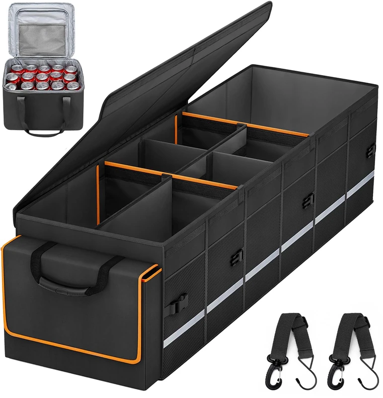 Car Trunk Organizer and Storage with Removable Leakproof Cooler Bag, 6 Removable Dividers for Custom Space, Collapsible Trunk Storage with Non Slip Bottom, Foldable Cover. And 3 Year Warranty - Image 1