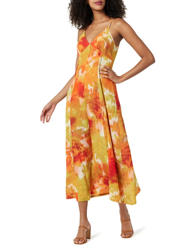 The Drop Women's Isa V-Neck Maxi Dress, Orange Watercolor Print, M