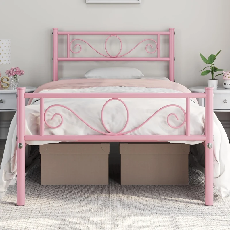 Yaheetech 3ft Single Metal Bed Frames Platform Bed with Scroll Design Headboard and Footboard,Ground clearance: 32 cm/Pink