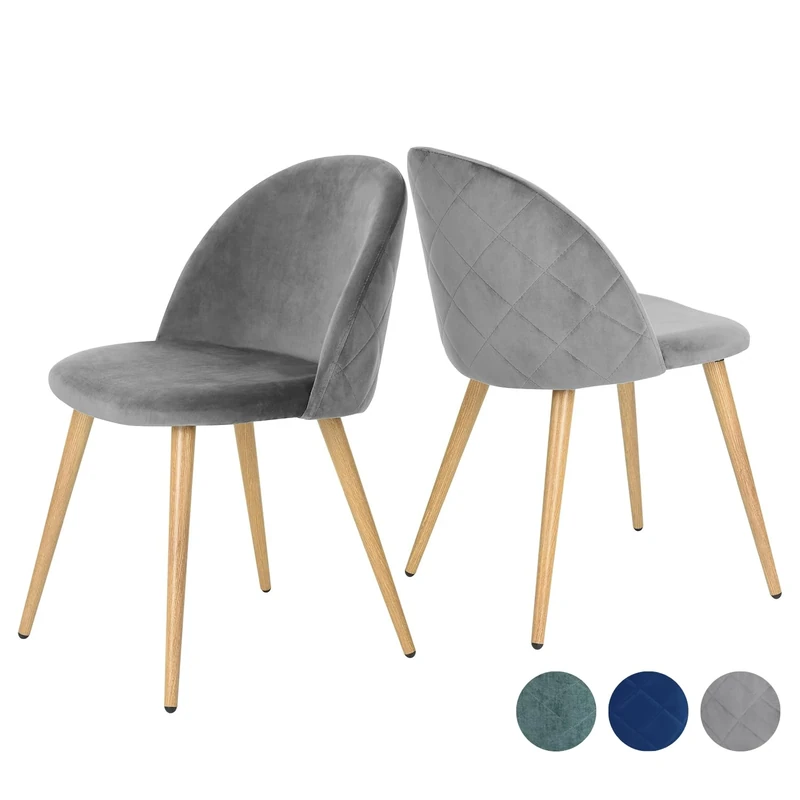 FurnitureR Upholstered Velvet Dining Chair Diamond Shaped Mid Back Armless with Oak Metal Legs for Home Kitchen Bedroom Living Room，Set of 2,Grey