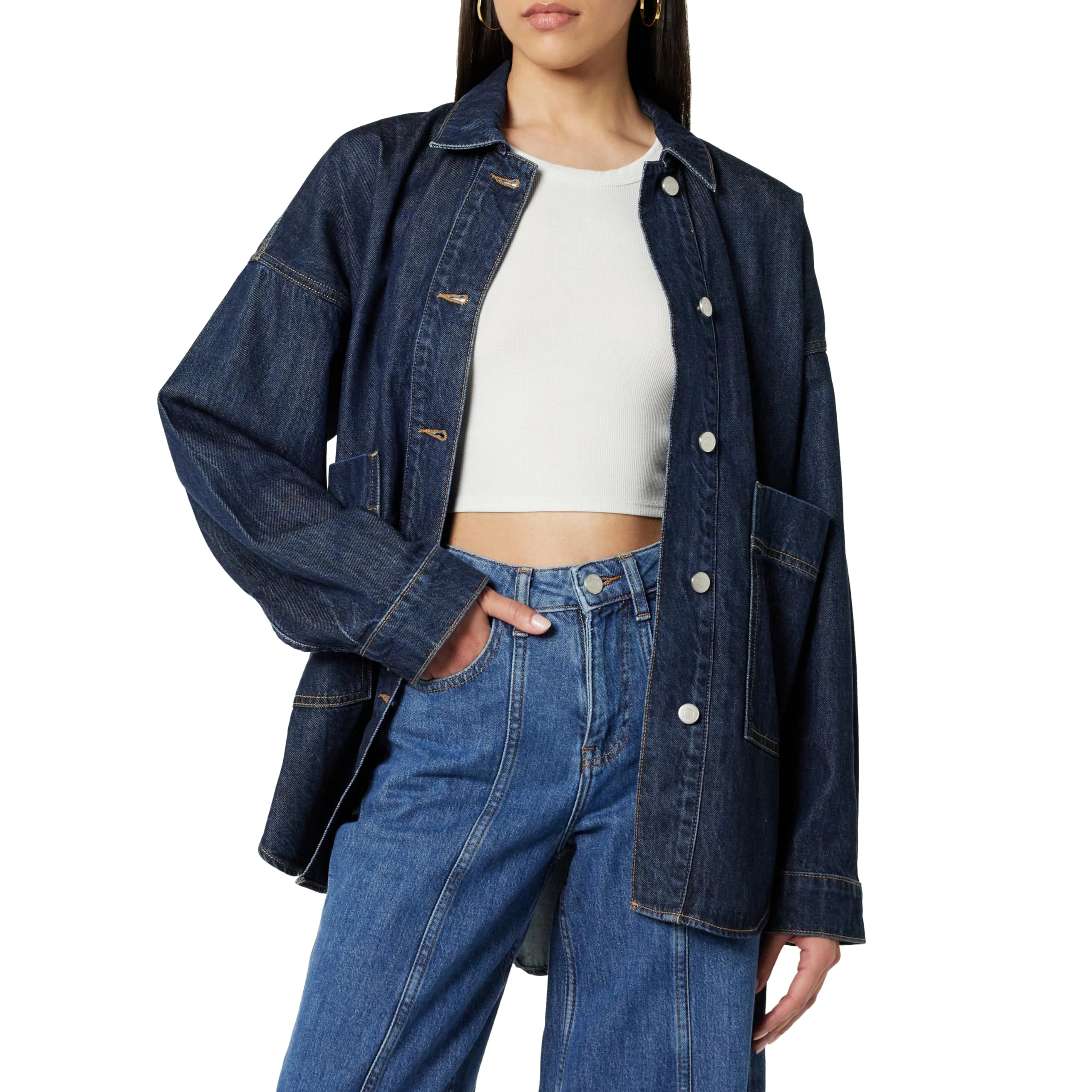The Drop Pilar Long Denim Shirt Jacket, Dark Indigo, L