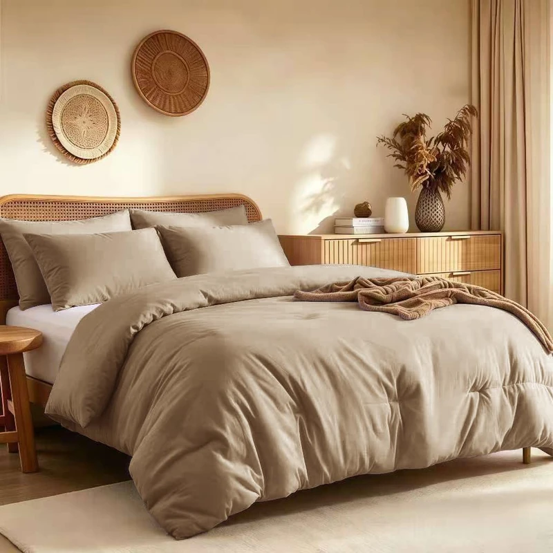 Quataly California King Comforter Set Prewashed Lightweight Quilted Bedding, All Season Breathable Down Alternative Solid Brown Comforter (104"x90") with 2 Pillowcases