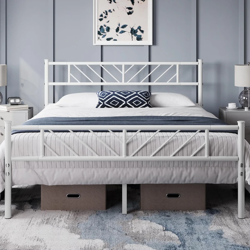Yaheetech 5ft King Bed Frames Metal Slatted Bed Platform with Modern Headboard, Under-bed Storage, No Box Spring Needed, for Home Bedroom White