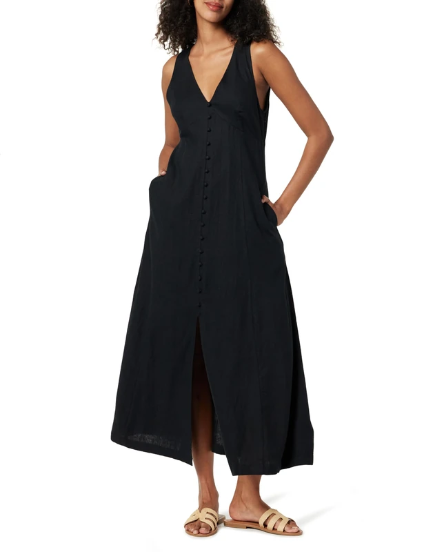 The Drop Women's Blanca Linen Button-Front V-Neck Maxi Dress, Black, 4XL Plus