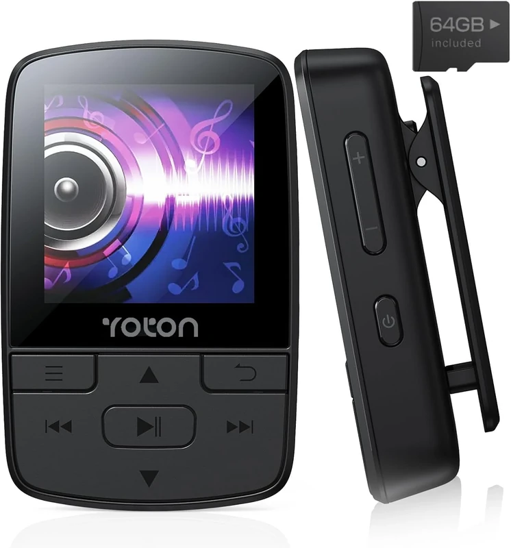 Yoton MP3 Player with Bluetooth 5.2, 64GB Large Storage, Mini Size, HiFi-Music, with Sports Clip, Independent Volume Botton, FM Radio, Earphones included
