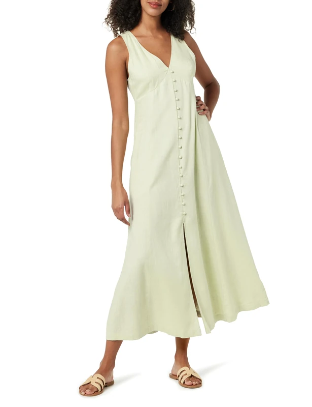 The Drop Women's Blanca Linen Button-Front V-Neck Maxi Dress, Soft Green, XS