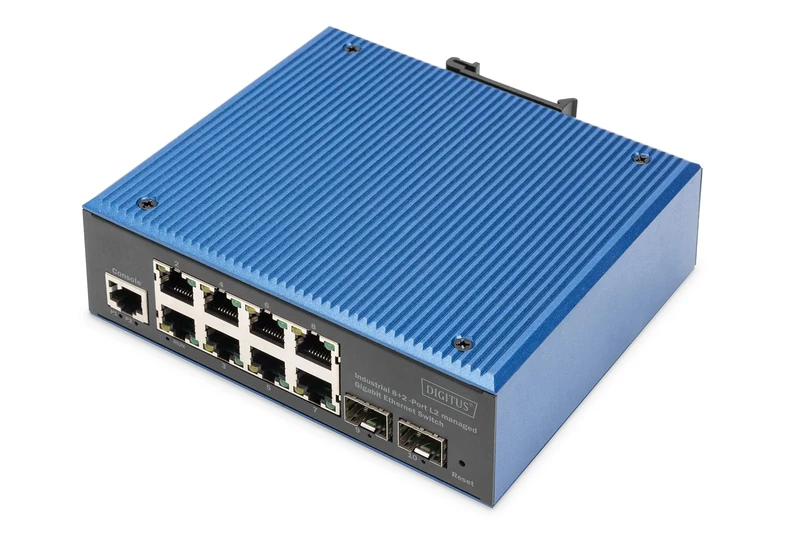 DIGITUS Network switch - 10-port Gigabit Ethernet - 8x RJ45 + 2x SFP - IP40 - L2 managed - 10/100/1000 Mbit/s - top-hat rail mounting - Industrial series - black/blue
