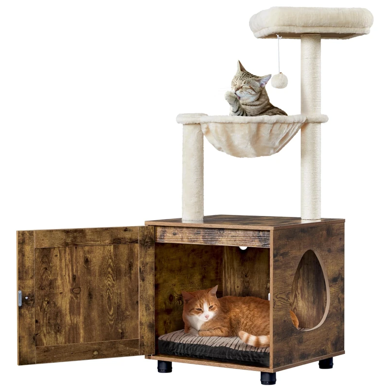 Yaheetech Cat Tree with Litter Box Enclosure, Modern Cat Tower Hidden Cat Washroom with Cat Condo, All-in-one Indoor Cat Furniture with Scratching Posts, Perch, Basket