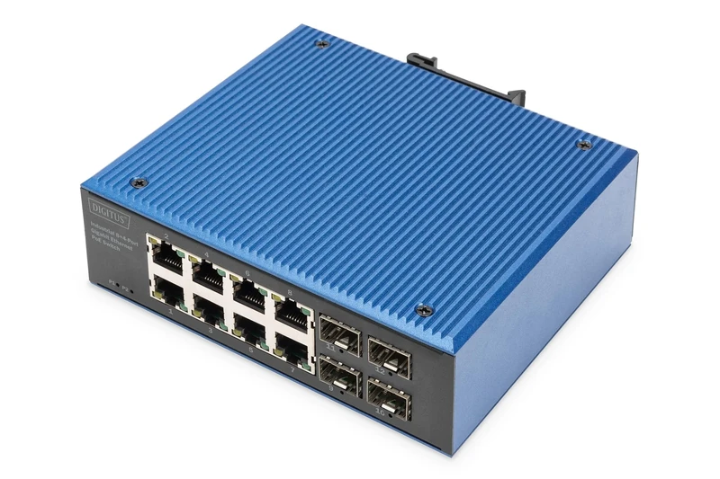 DIGITUS PoE Network switch - 12-port Gigabit Ethernet - 8x RJ45 + 4x SFP - IP40 - 10/100/1000 Mbit/s - top-hat rail mounting - Industrial series - black/blue