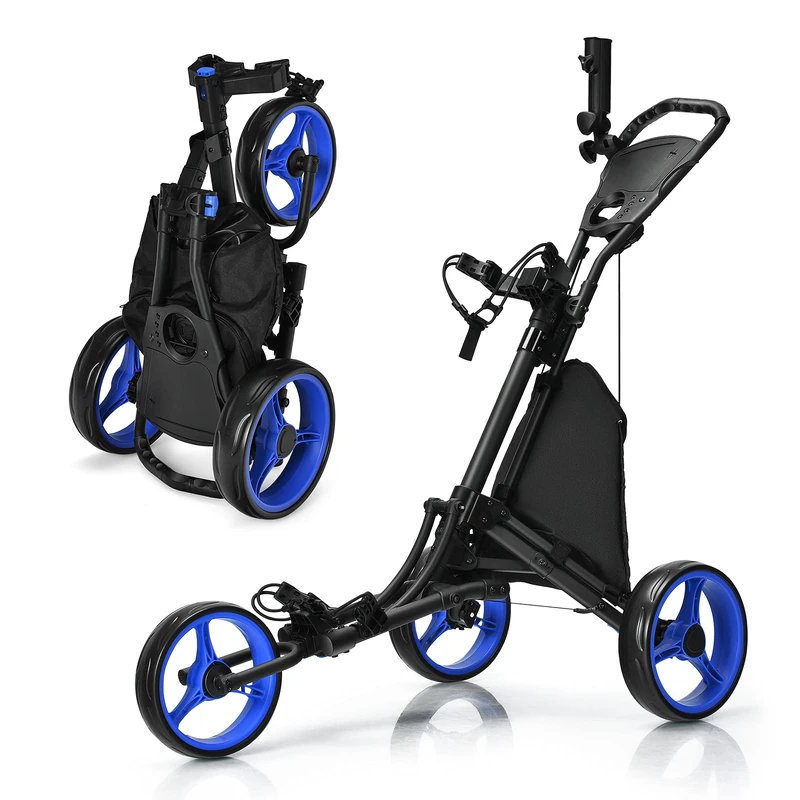 GYMAX 3/4 Wheels Golf Push Pull Cart, Golf Bag Holder (3 Wheels, Blue)