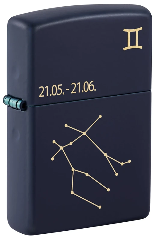 Zippo Windproof Lighter, Zodiac Gemini Design – Matt Navy Blue, Laser Engraving – Refillable, Reusable, Windproof Design – Comes in Gift Box – Made in USA