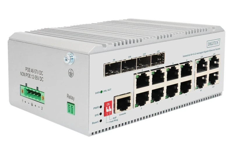 DIGITUS Network Switch - 12-port Gigabit Ethernet - 8x RJ45 + 4x SFP/RJ45 combo - L2 managed - 10/100/1000 Mbit/s - DIN rail mounting - Industrial series - white