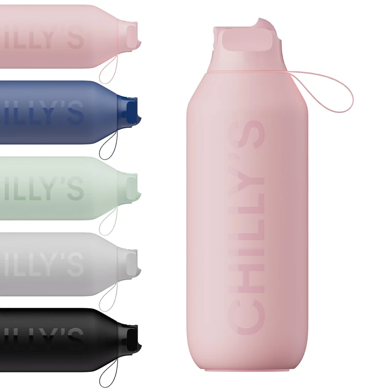 Chilly's Series 2 Flip Water Bottle with Sports Lid - Vacuum Insulated Stainless Steel Water Bottle with Straw, Carry Loop, & Cleaning Brush - No Sweat - 1000ml - Blush Pink