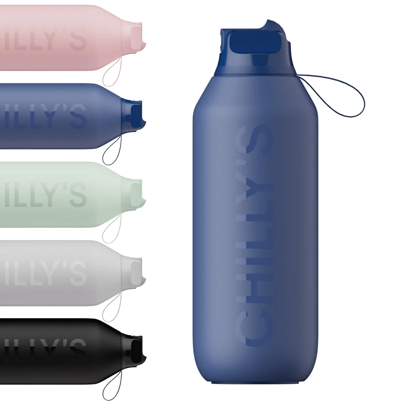Chilly's Series 2 Flip Water Bottle with Sports Lid - Vacuum Insulated Stainless Steel Water Bottle with Straw, Carry Loop, & Cleaning Brush - No Sweat - 1000ml - Whale Blue