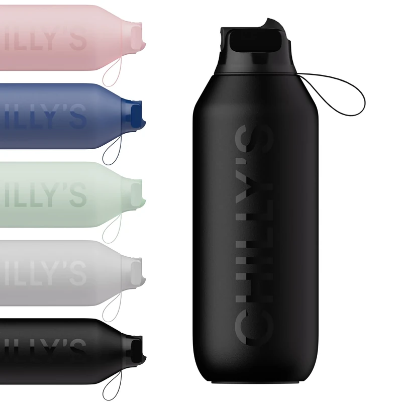 Chilly's Series 2 Flip Water Bottle with Sports Lid - Vacuum Insulated Stainless Steel Water Bottle with Straw, Carry Loop, & Cleaning Brush - No Sweat - 1000ml - Abyss Black