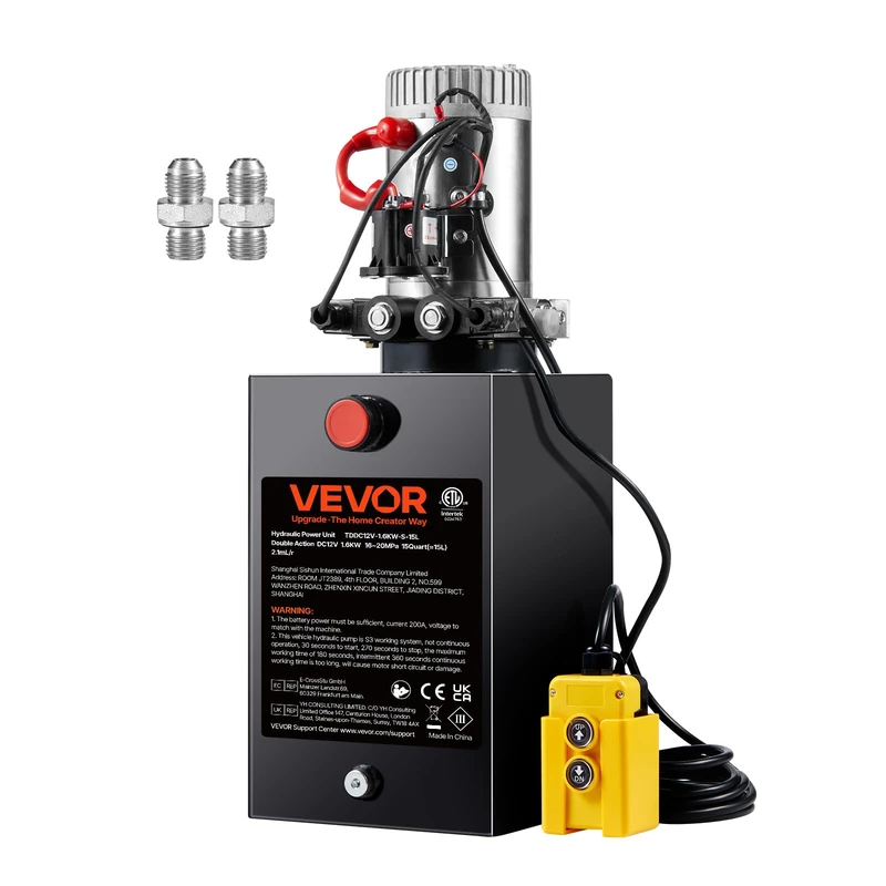 VEVOR Pump 15 Quart Pompe Hydraulique DC 12 V 14 L Pour Camion à Benne Basculante Hydraulic Group, Double Acting, Oil Flow 3.44 L/min, Black and Silver, 595 × 212 × 243 mm