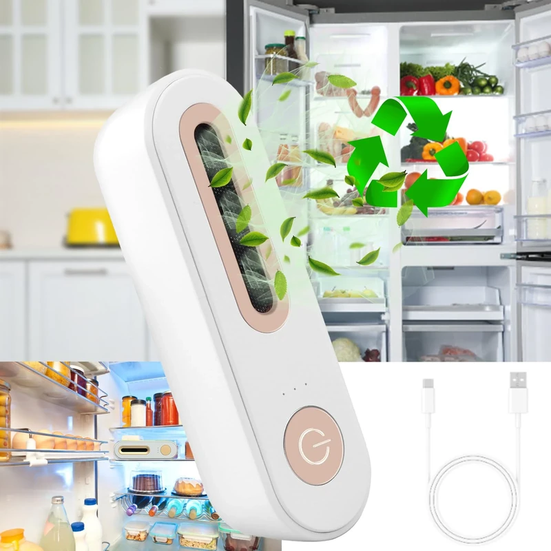 USB Fridge Deodoriser, [4 IN 1] Portable Fridge Freshener, Reusable Fridge Odour Eliminator, Rechargeable Small Ozone Air Purifier for Fridge, Car, Shoe Closet, Wardrobe
