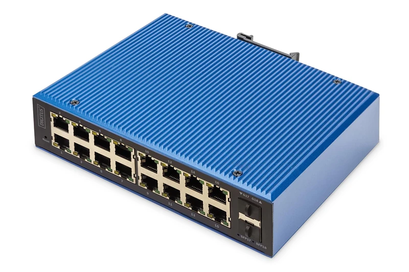 DIGITUS Network switch - 18-port Gigabit Ethernet - 16x RJ45 + 2x SFP - IP40 - L2 managed - 10/100/1000 Mbit/s - DIN rail mounting - Industrial series - black/blue