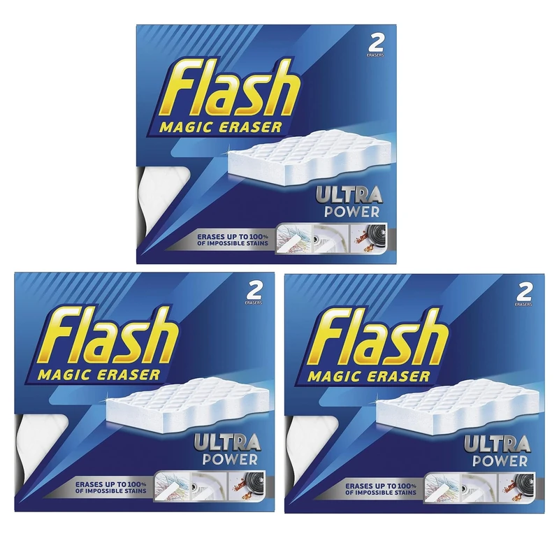 6 x Flash Magic Eraser Ultra Power -No Chemicals Needed - Removes Scuffs, Crayon, Grease and Grimes (Pack of 3) - Image 1