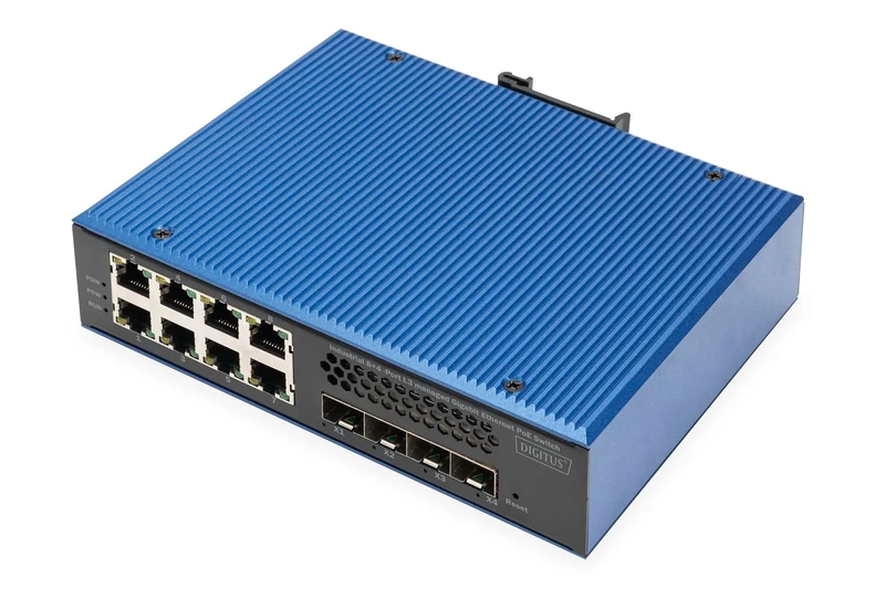 DIGITUS PoE Network switch - 12-port Gigabit Ethernet - 8x RJ45 + 4x SFP+-10 Gigabit - IP40 - L3 managed, VLAN - 10/100/1000 Mbit/s - top-hat rail mounting - Industrial series - black/blue