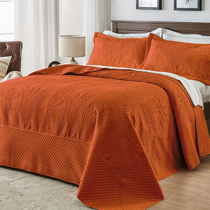 Qucover Oversized King Bedspread Set, 3 Piece Soft Microfiber Lightweight Quilts, Vintage Persian Pattern, Burnt Orange