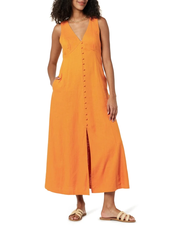 The Drop Women's Blanca Linen Button-Front V-Neck Maxi Dress, Golden Oak, S