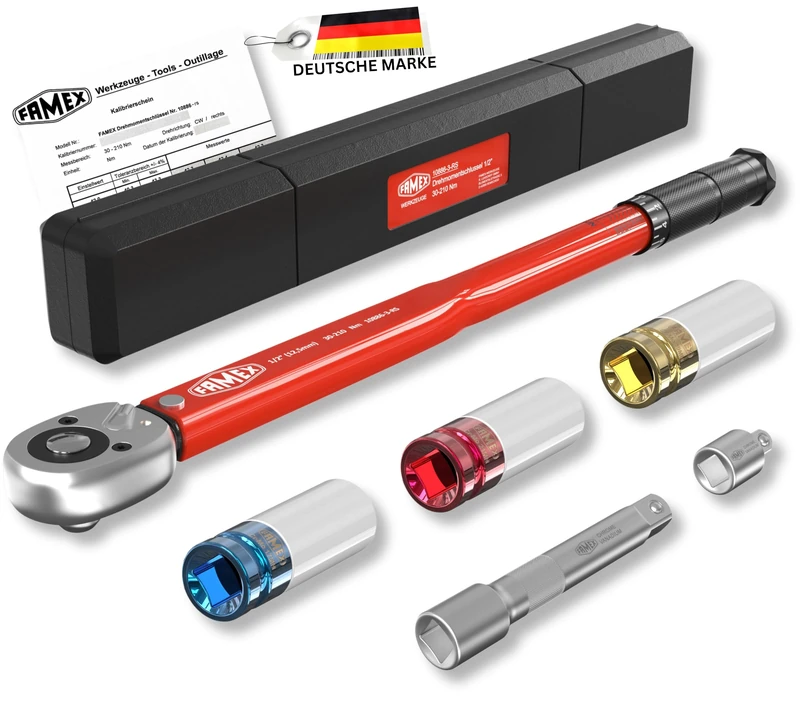 Famex 10886-3-RS Torque Wrench 1/2 Inch (12.5 mm) 30-210 Nm for Car, Motorcycle, Van - Includes Extension and Sockets