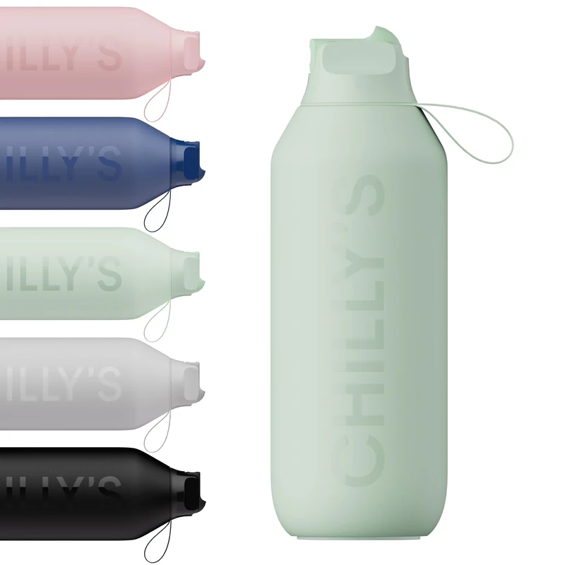 Chilly's Series 2 Flip Water Bottle with Sports Lid - Vacuum Insulated Stainless Steel Water Bottle with Straw, Carry Loop, & Cleaning Brush - No Sweat - 1000ml - Lichen Green