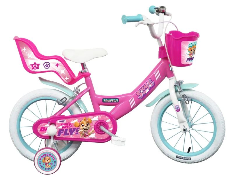 Paw Patrol Skye & Everest Girls Bike, 14 Inch Wheels, Steel Frame, with Training Wheels, Front Basket and Rear Carrier, Ages 4-6
