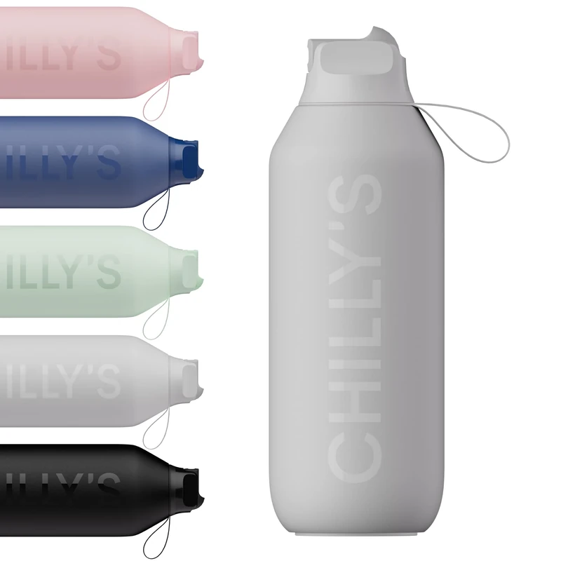 Chilly's Series 2 Flip Water Bottle with Sports Lid - Vacuum Insulated Stainless Steel Water Bottle with Straw, Carry Loop, & Cleaning Brush - No Sweat - 1000ml - Granite Grey