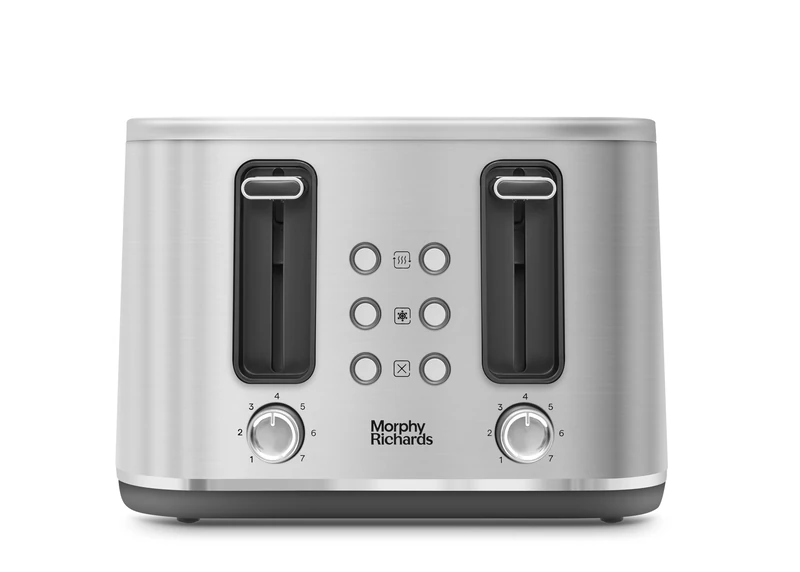 Morphy Richards Motive 4 Slice Toaster, Browning Controls, Reheat, Cancel and Defrost Settings, Bread Lever, Removable Crumb Tray, Electromagnet Cover, 1600W, Brushed Steel, 242800