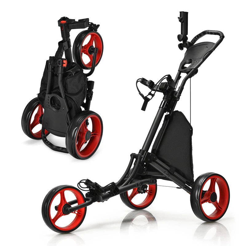 GYMAX 3/4 Wheels Golf Push Pull Cart, Lightweight Height Adjustable Golf Trolley with Storage Bag, Foot Brake, Umbrella Holder and Built-in Cooler, Foldable Golf Bag Holder (3 Wheels, Red)